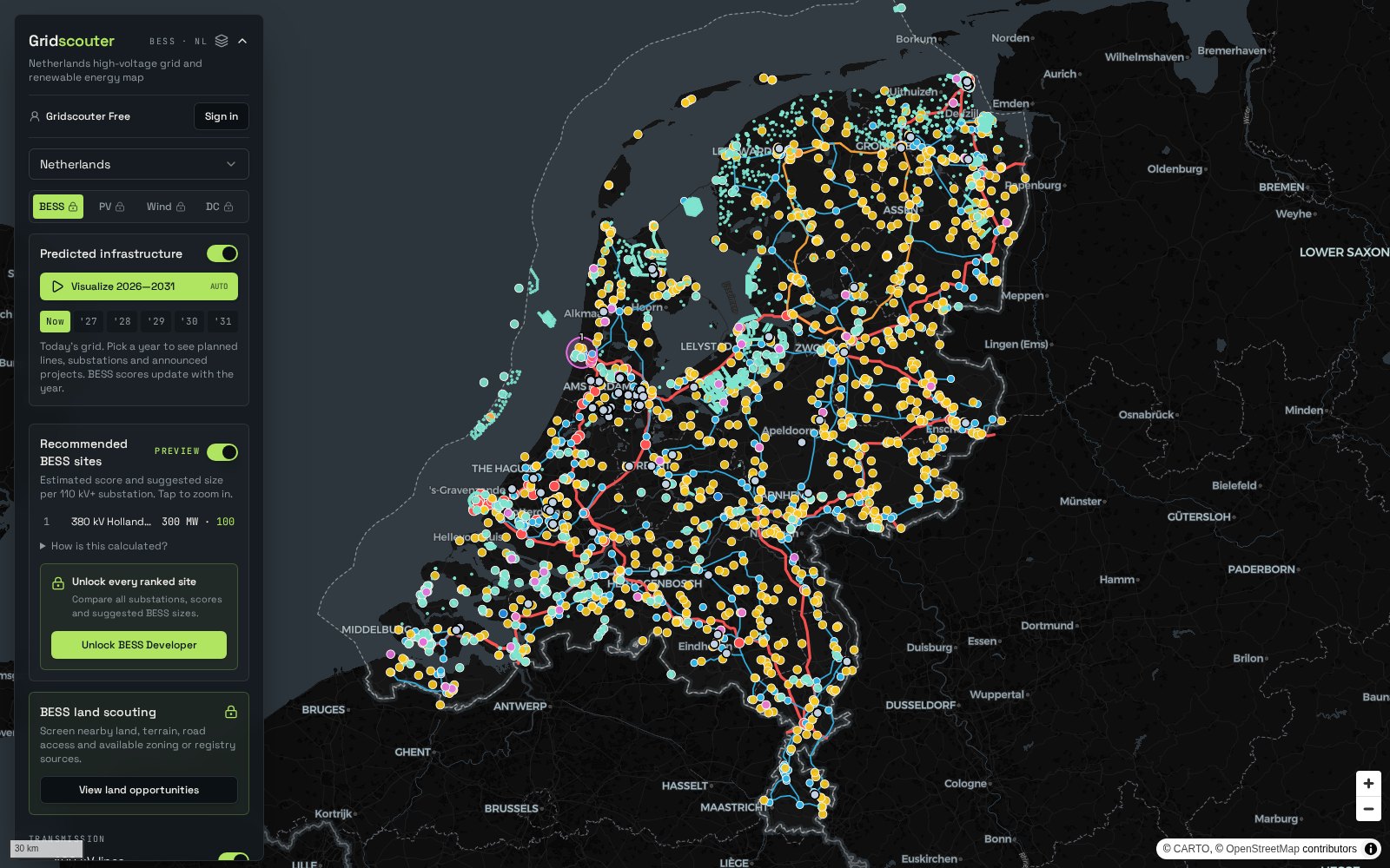 Gridscouter map of the Netherlands showing high-voltage lines, substations, solar and wind projects